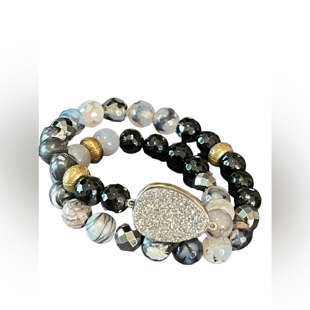 - Sterling silver Druzy Agate onyx hematite double wrap stretch bracelet